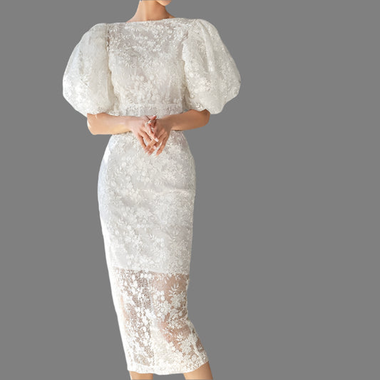 Women's Mid Length Long Length Short Sleeve High-End Midi Dress