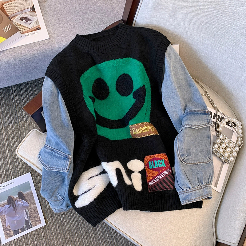 Smiley Face Smiling Face Loose Denim Sleeves Sweater for Women