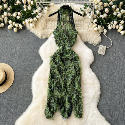 Elegant Women's See-through Slim-Fit Tassel Dress Sleeveless Halter Sexy Dress
