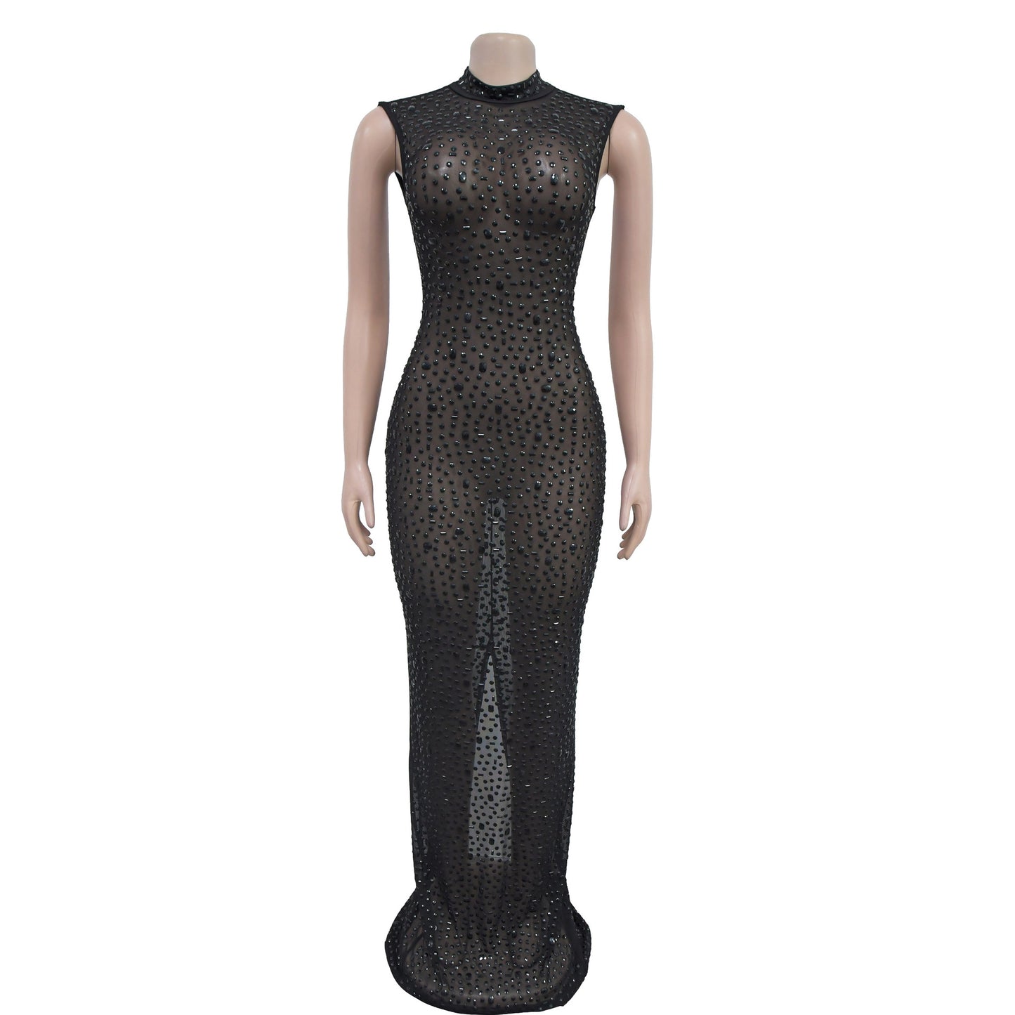 Cocktail Dress Diamonds Hot Rhinestones O-neck Women Sleeveless Bodycon Maxi Dress