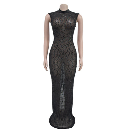 Cocktail Dress Diamonds Hot Rhinestones O-neck Women Sleeveless Bodycon Maxi Dress