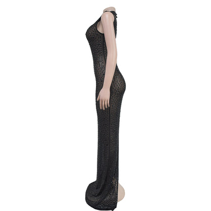 Cocktail Dress Diamonds Hot Rhinestones O-neck Women Sleeveless Bodycon Maxi Dress