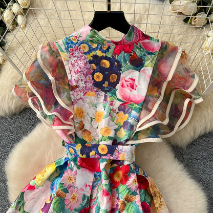 Summer Bohemian Gorgeous Flower Long Dress Women V-Neck Layer Mesh Sleeve Floral Midi Dress