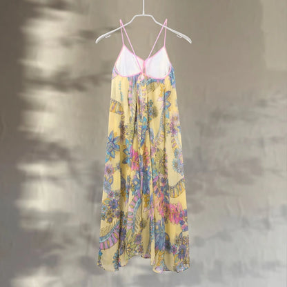 Print Floral Women's Dress Halter V-neck Sleeveless Hollow out Straight Vacation Dress