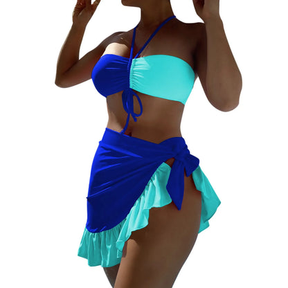Hot Pink Patchwork Bikini Set 3 Piece Women Pleate Push Up Ruffles Skirt Swimsuit Bathing Suit High Waist Swimwear Beachwear