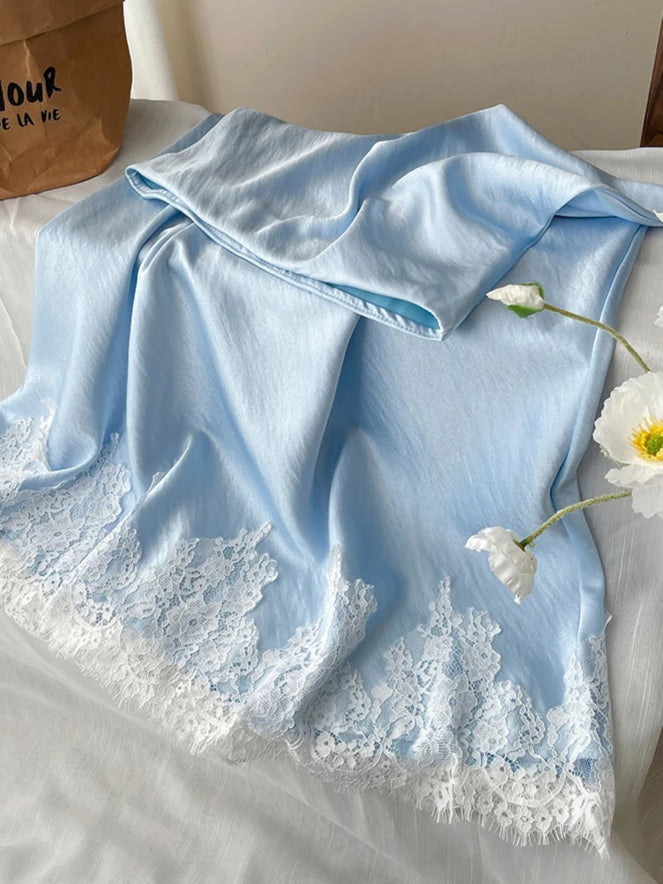 Satin Skirt With Lace Trim Patchwork Pack Hip Long A-line Skirt