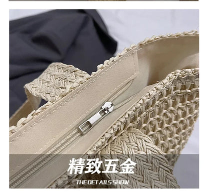 Women's Large Capacity Shoulder Bag Straw Woven Bag Letter Embroidery Handbag