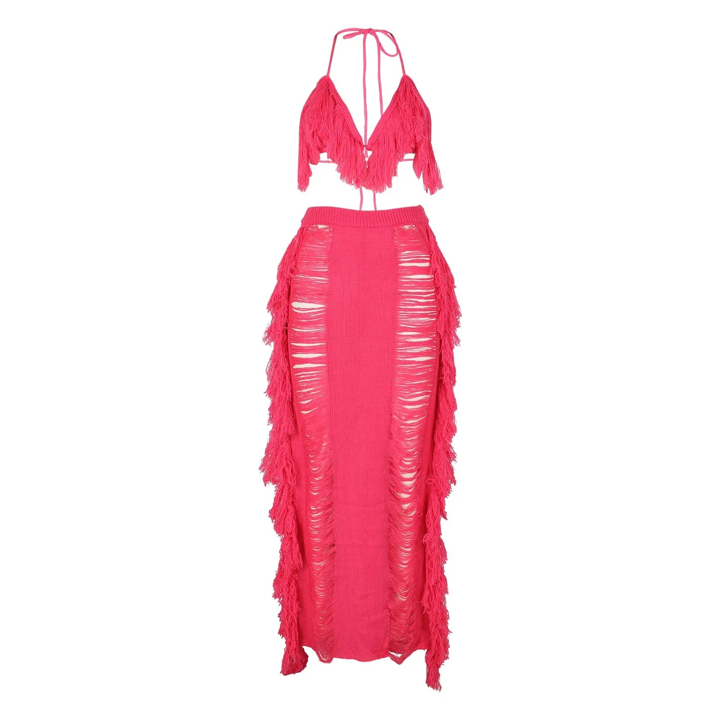 Sexy Elegant Hollow Out Knitted Tassel Wrap Hip Skirt Suit Women Vacation Beach 2 Piece Sets