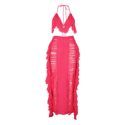 Sexy Elegant Hollow Out Knitted Tassel Wrap Hip Skirt Suit Women Vacation Beach 2 Piece Sets