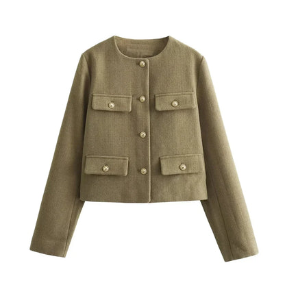 Cropped Tweed Jacket Woman Coat Button Long Sleeve Elegant Jackets For Women Short Coats Outwears