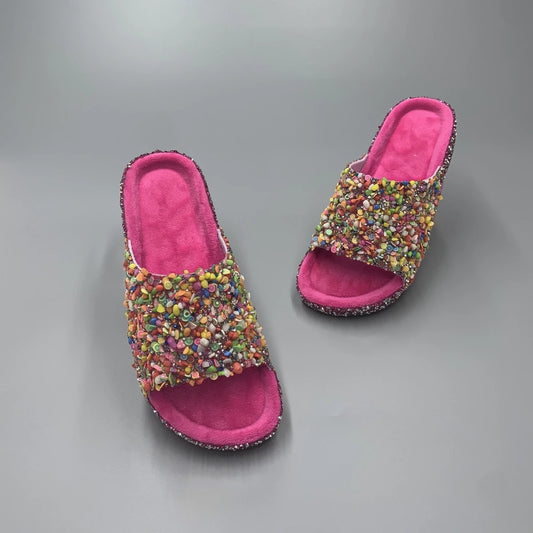 Rhinestone Embellished Women's Slippers - Durable PVC Soles Flat Slippers
