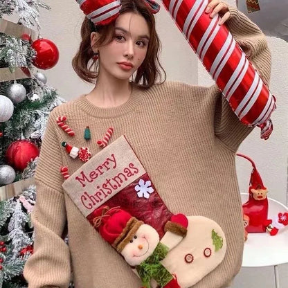 Christmas Sweater Loose New Lazy Thick Sweater Three-dimensional Cartoon Red Sweater