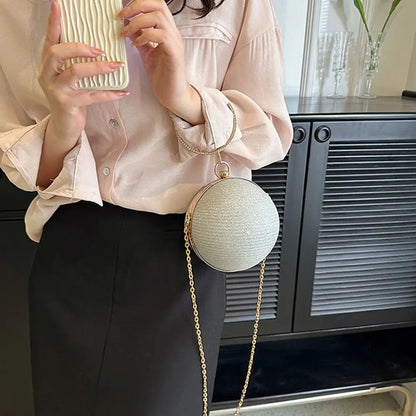Gold Bright Silk Circular Evening Bag Women Banquet Clutch Rhinestone Chain Shoulder Bags