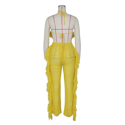 Tassel Knitted Pants Two Piece Set Resort Outfit Vacation Outfit Beach Cover Up