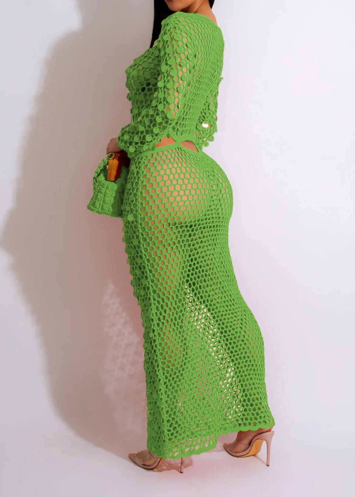 Fishnet Knitting Hollow Sequins Maxi Dress Sexy See Through Vacation Beach Dress Resort Wears