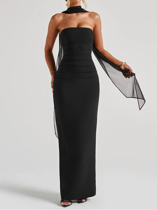 Scarf Collar Strapless Sexy Maxi Dress For Women Fashion Off-shoulder Backless Bodycon Dress