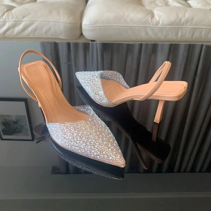 Women High Heels Pearl Decoration Slingback Pumps Pointed Toe High Heels