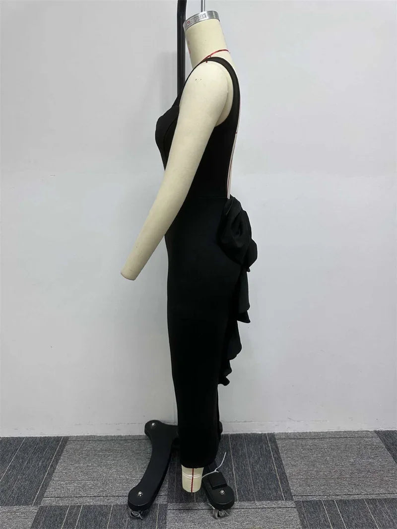 Sexy Plunging V-neck Backless Bowknot Ruffles Bodycon Midi Dresses for Women Party Night Elegant Club Celebrity Prom Dress