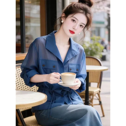Micro-Transparent Shirt Coat Women's Quarter Sleeve Shirt