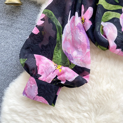 Floral Print Women Shirt Summer Lantern Sleeve Retro French Loose Blouse