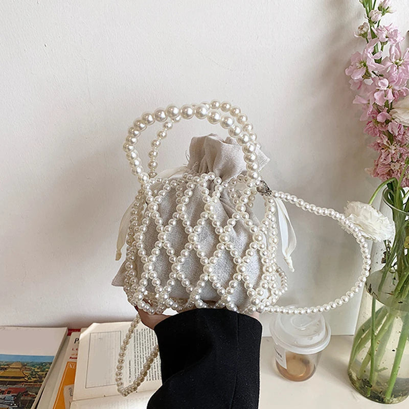 Luxury Pearl Women Bucket Tote Bag Woven Pearl Crossbody Bags for Women Small Wallet