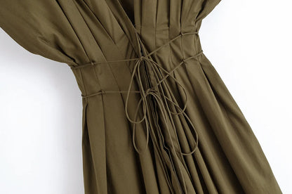 V-neck Lace-up Midi Dress Short Sleeve Backless Pleated Dress