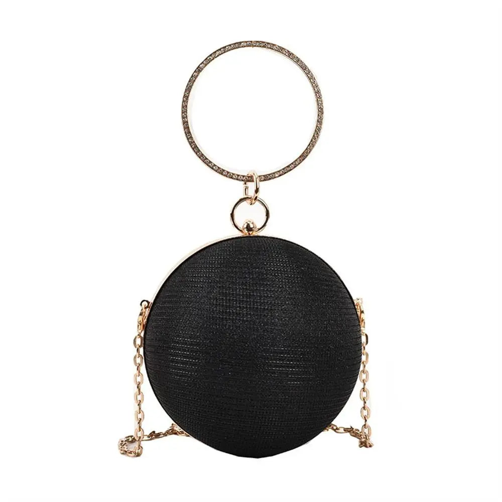 Gold Bright Silk Circular Evening Bag Women Banquet Clutch Rhinestone Chain Shoulder Bags