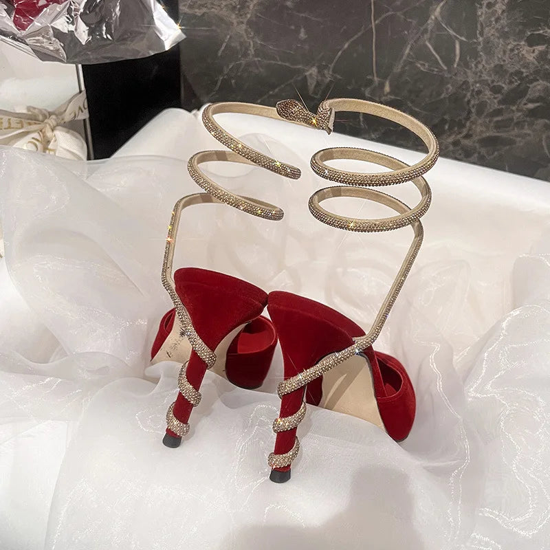 Women's Sexy Snake-Strap Rhinestone Suede Pointed High-heeled Wedding Shoes