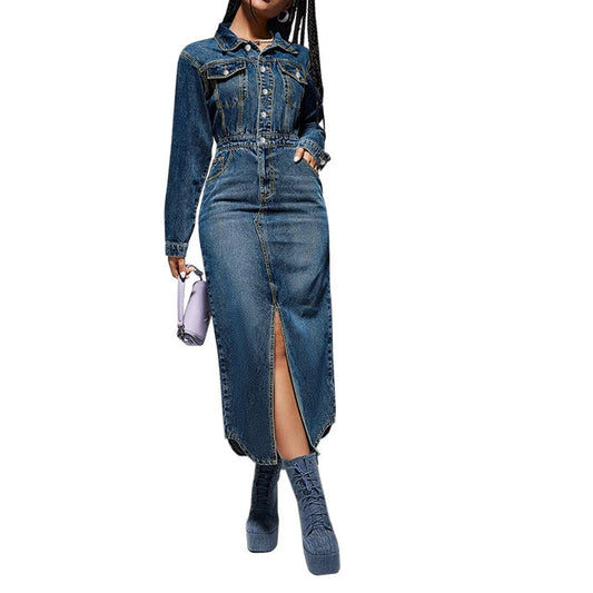 Streetwear Denim Dress Spring Clothes Women Turn Down Collar Up Jean Dresses Cowboy Dress
