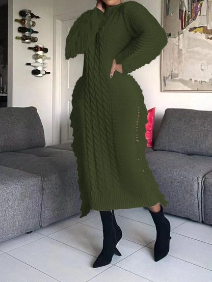 Women Long Sleeve Tassel Bodycon Midi Knit Dress O-neck Sweater Dress