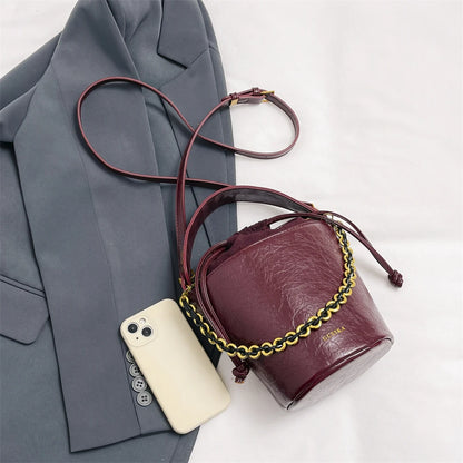 Retro Bucket Crossbody Bags For Women Oil-waxed Leather 2-IN-1 Chain Shoulder Bag