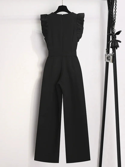 Oversized Luxury Temperament Jumpsuit Women Ruffles Sleeveless Elegant White Jumpsuit with Belt