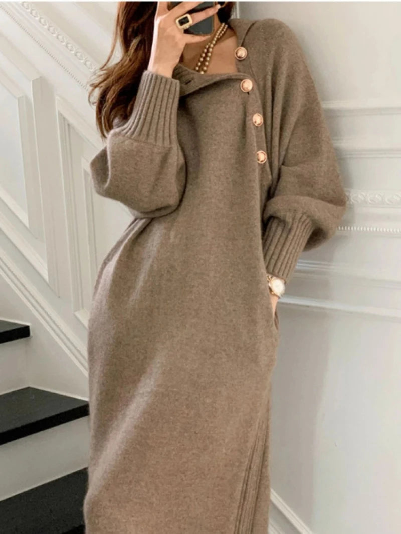 Vintage Turtleneck Buttons Long Sleeve Long Sweater Dress Winter Fashion