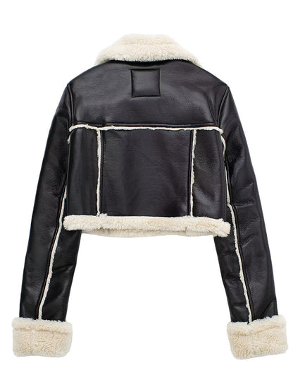 Women Solid Front Zipper Jackets Vintage Lapel Neck Long Sleeves Jacket