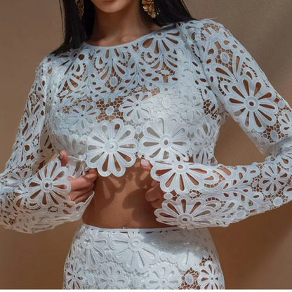 Summer Vacation See Through Crochet Top Women Set Hallow Out Flare Long Sleeve Skirts Set