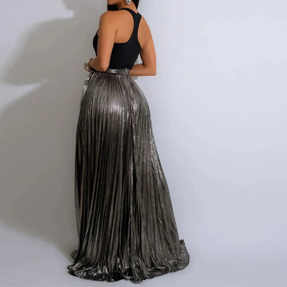 High Side Split Big Swing Pleated Floor Length Skirt High Waist Maxi Skirts