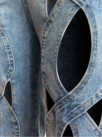 Stretchy Cross Hollow Out Loose Denim Cargo Pants for Women