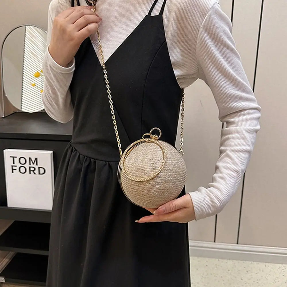 Gold Bright Silk Circular Evening Bag Women Banquet Clutch Rhinestone Chain Shoulder Bags