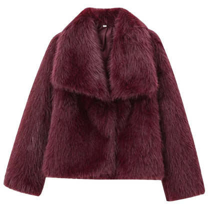 Women's Fur Coat Plush Burgundy Bomber Jacket Solid Crop Jacket Winter Coats