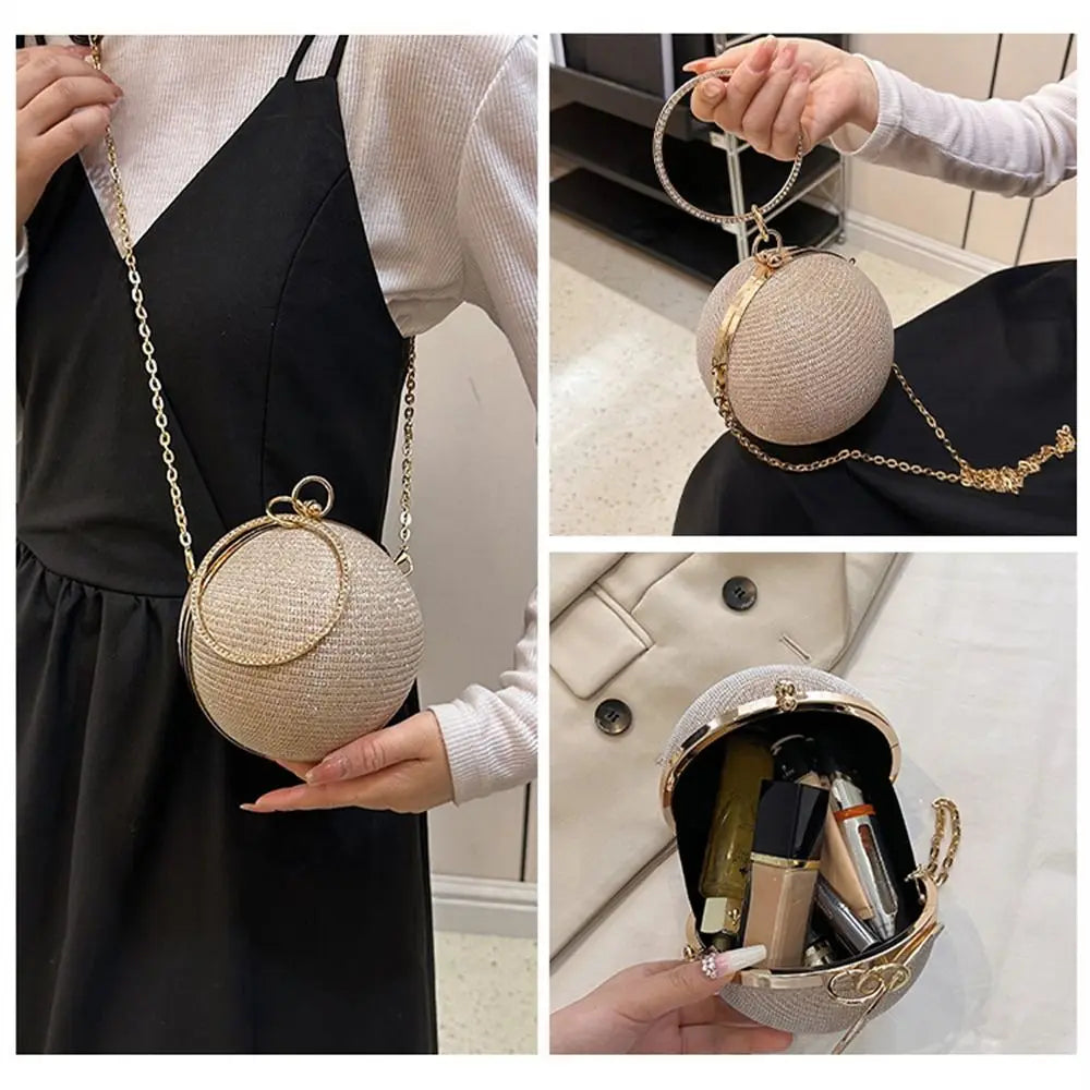 Gold Bright Silk Circular Evening Bag Women Banquet Clutch Rhinestone Chain Shoulder Bags