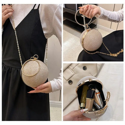Gold Bright Silk Circular Evening Bag Women Banquet Clutch Rhinestone Chain Shoulder Bags