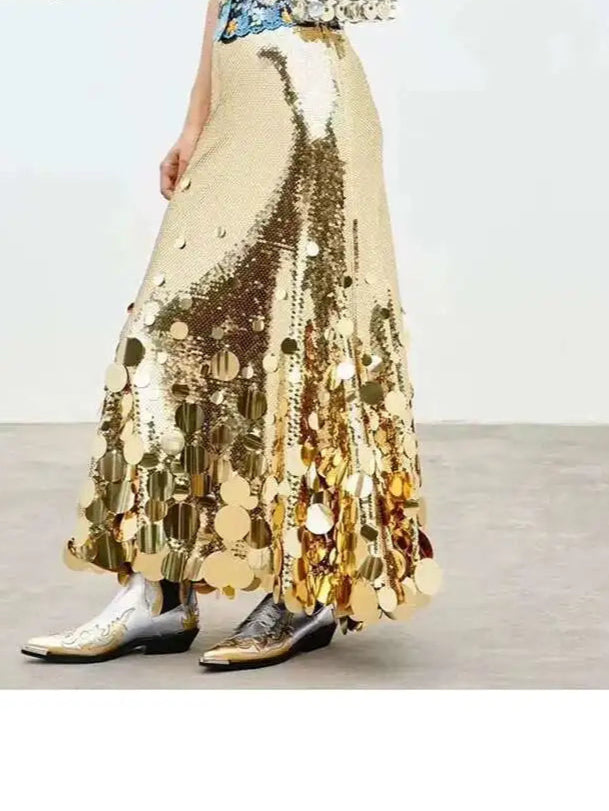 Solid Patchwork Sequins Chic Skirts For Women High Waist Zipper A Line Skirts