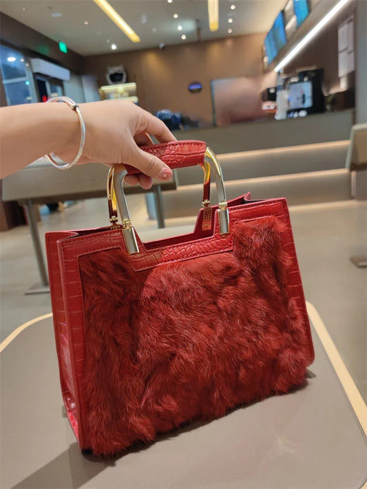 Genuine Leather Women's Handbag Luxury Fashion Real Rabbit Hair Single Shoulder Messenger Bag Large Capacity
