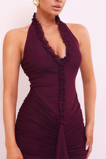 Halter V Neck Backless Sexy Maxi Dress Women Evening Gown Ruffle Dress