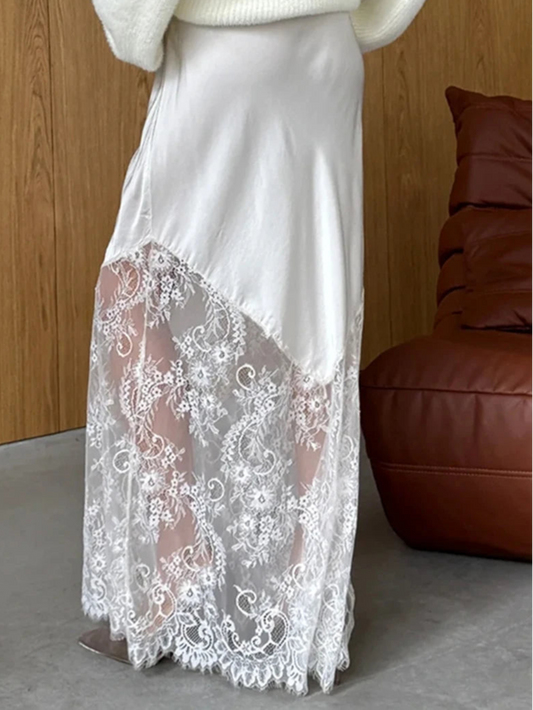 Loose Black Satin Lace Hem Skirt Casual High Waist Ankle Length Skirt