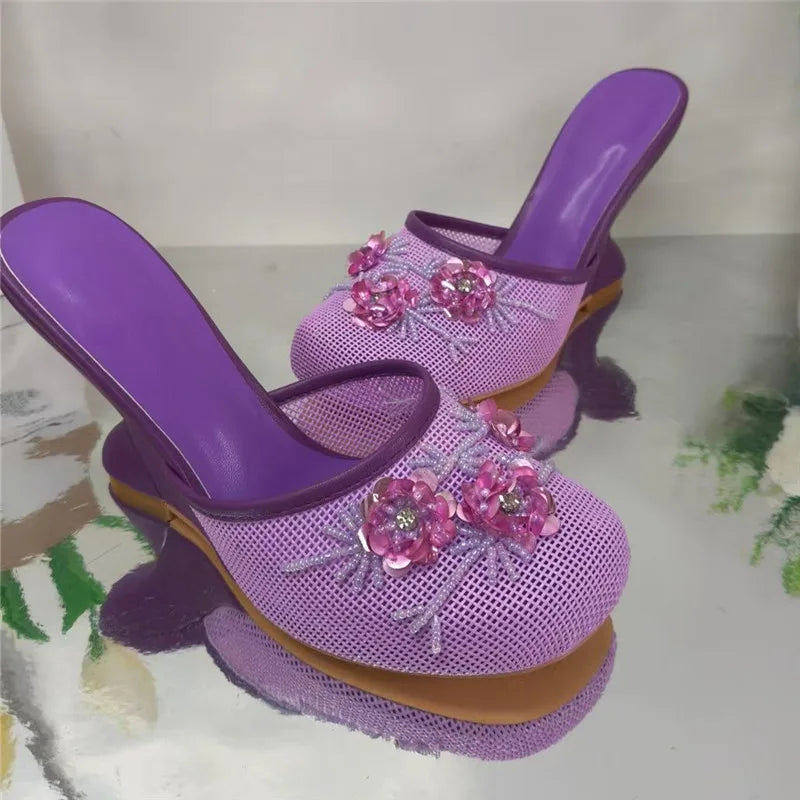 Women Summer Wedges Mesh Shoes Flower Round Toe Slip-On Hollow High Heeled sandals