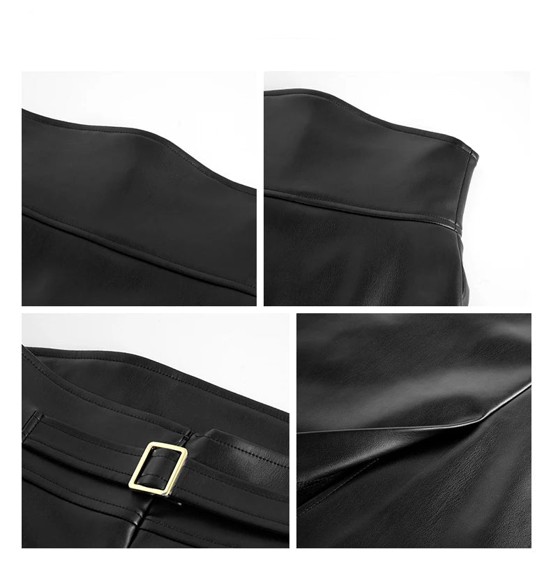 Midi Black Soft Pu Leather Pencil Skirt Women Back Slit Belt High Waist Office Skirts
