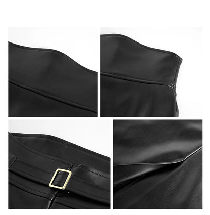 Midi Black Soft Pu Leather Pencil Skirt Women Back Slit Belt High Waist Office Skirts