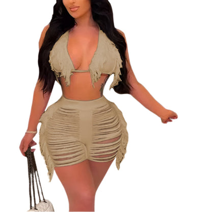 Women Fringe Tassel Bikini Shorts Set Hollow Out Jamaican Crochet Swimwear Summer Beach Knitted Cover Up Swimsuit