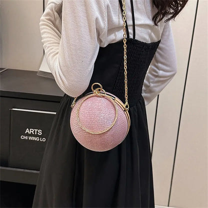 Gold Bright Silk Circular Evening Bag Women Banquet Clutch Rhinestone Chain Shoulder Bags